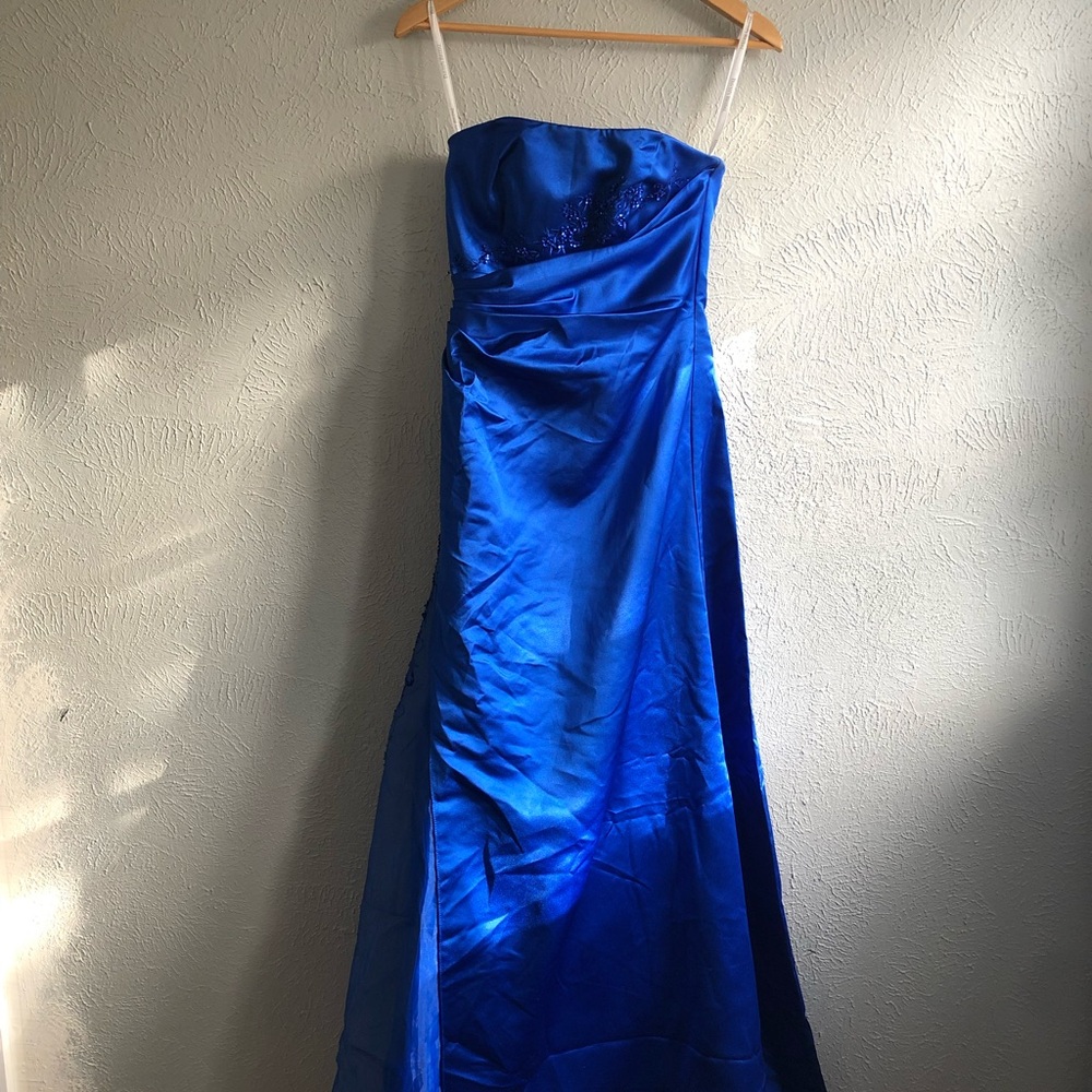 David's Bridal Strapless Cobalt Blue Satin Gown